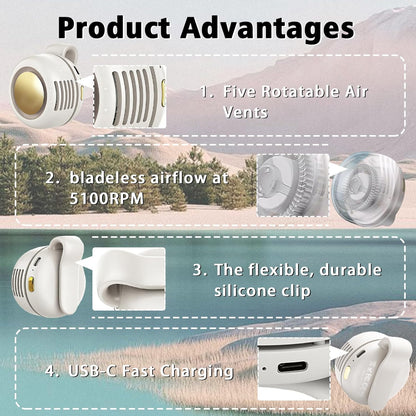 URBANOMAX portable USB rechargeable bladeless fan showing sleek design and compact size for personal cooling.