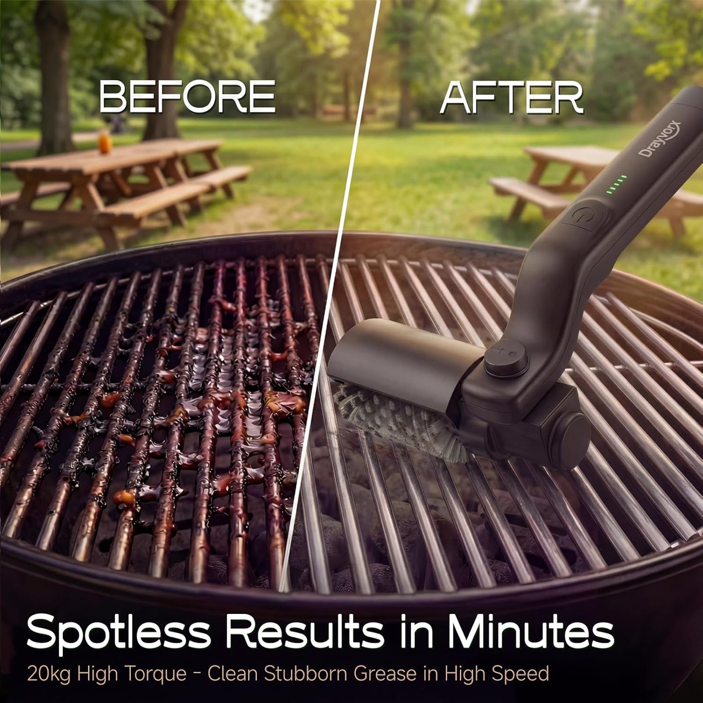 Urbanomax™ upgraded electric grill brush with stainless steel bristles and ergonomic handle for easy grill cleaning.