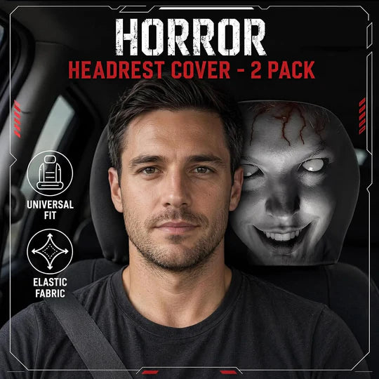 Urbanomax™ Horror Headrest Cover showing dark fabric with horror-themed design, designed for car headrests.