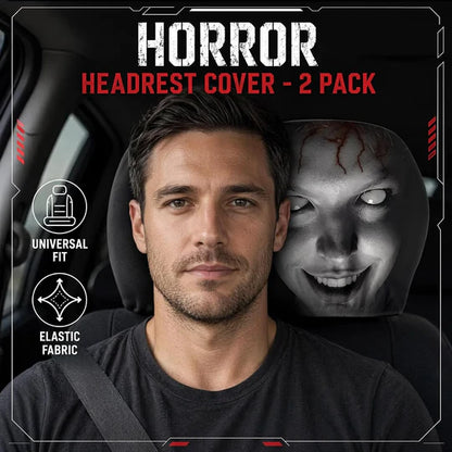 Urbanomax™ Horror Headrest Cover showing dark fabric with horror-themed design, designed for car headrests.