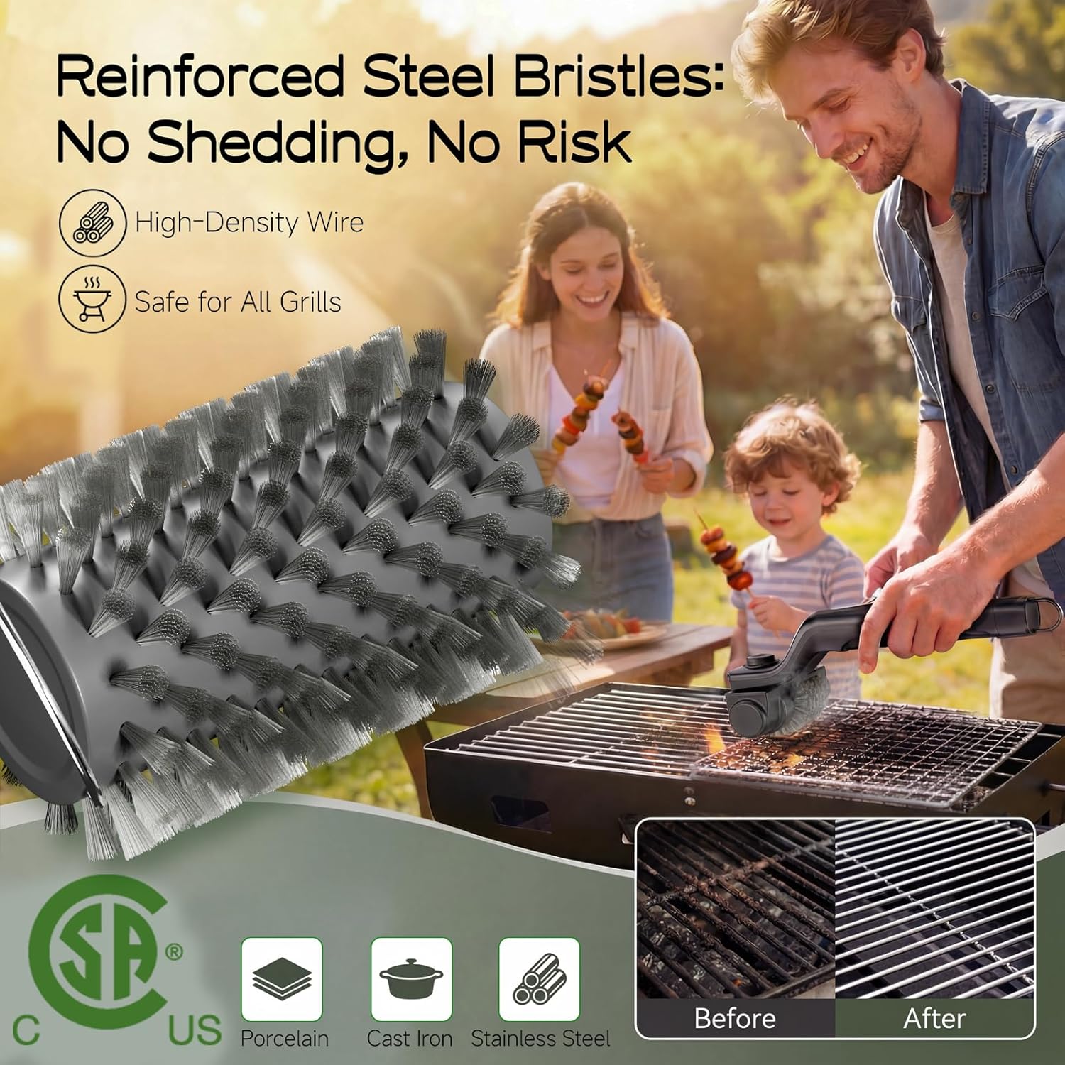 Urbanomax™ upgraded electric grill brush with ergonomic handle and stainless steel bristles for efficient grill cleaning.
