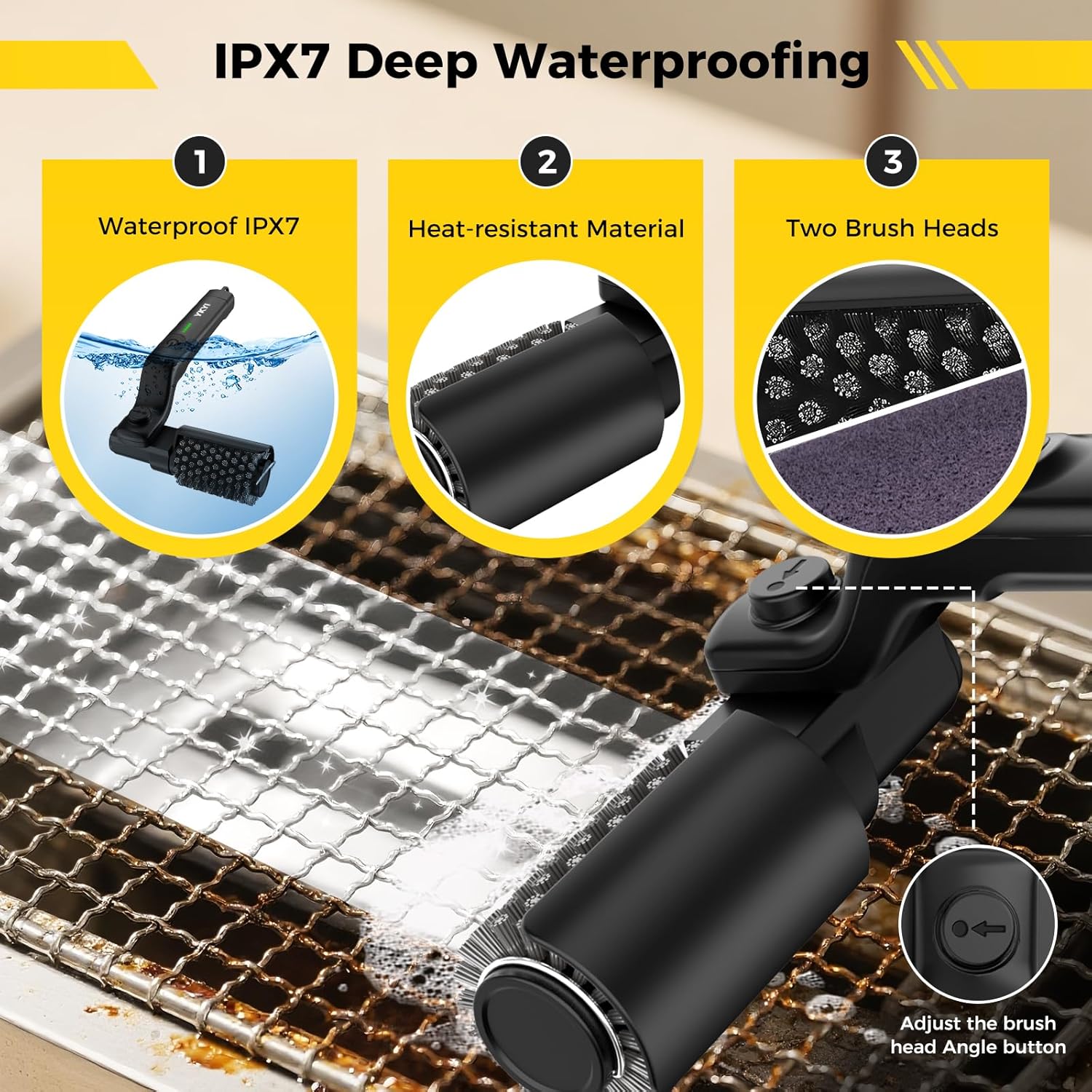 Urbanomax™ upgraded electric grill brush with ergonomic handle and stainless steel bristles for efficient BBQ grill cleaning.