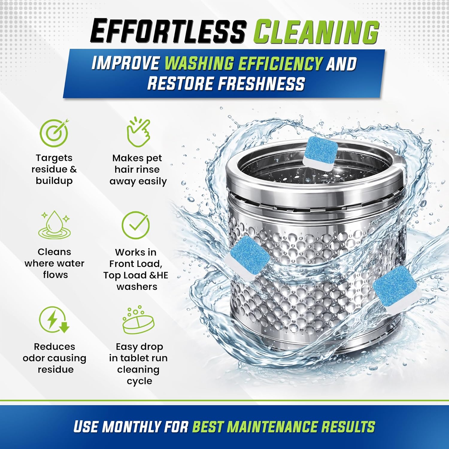 Urbanomax™ Ultra Clean washing machine tablets in a clear plastic container, ready for laundry cleaning.