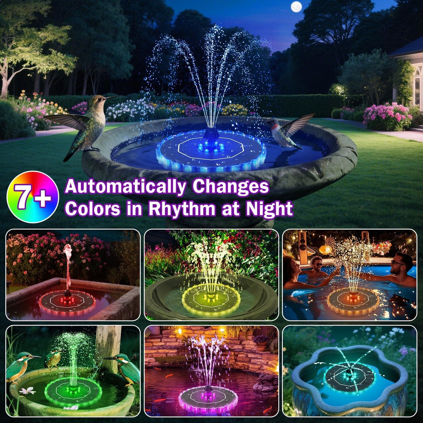 SolarGlow™ Pool Fountain Lightshow by CHRISTMAS with colorful water jets and LED lights illuminating the pool at night.