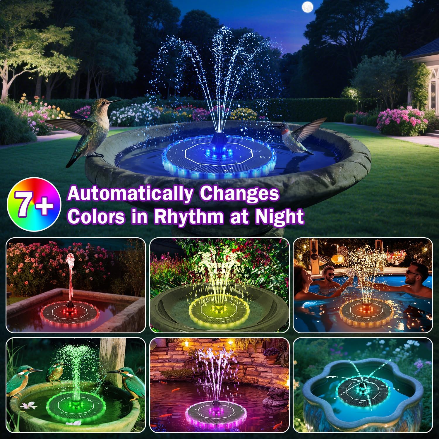 SolarGlow™ Pool Fountain Lightshow by CHRISTMAS with colorful water jets and LED lights illuminating the pool at night.