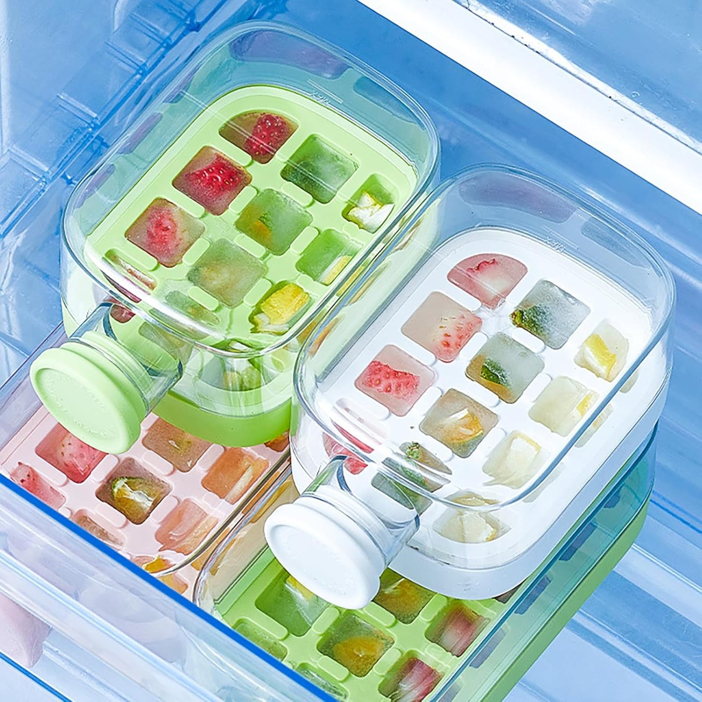 Urbanomax™ Ice Bottle Tray with multiple compartments for freezing water bottles, made of durable plastic for convenient storage.