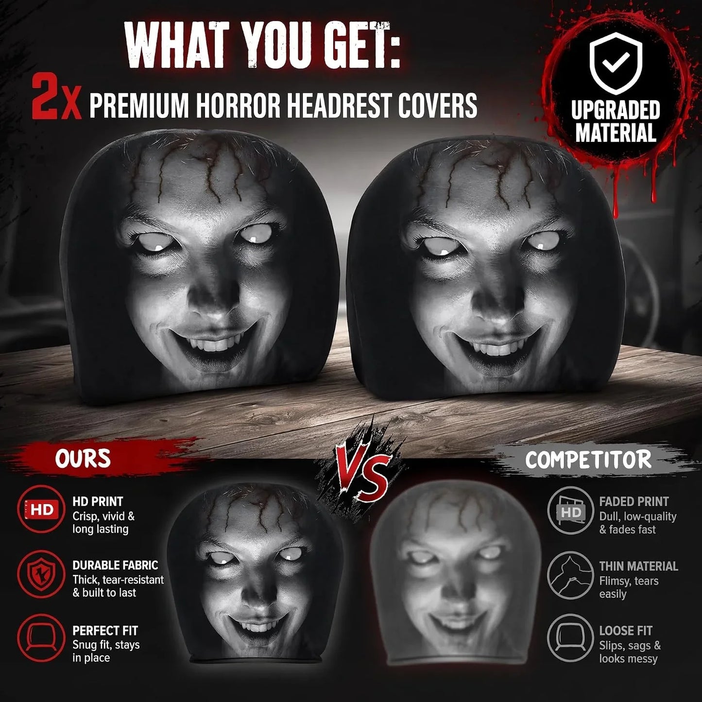 Urbanomax™ Horror Headrest Cover showing black fabric with horror-themed design, suitable for car headrests.
