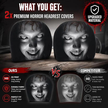 Urbanomax™ Horror Headrest Cover showing black fabric with horror-themed design, suitable for car headrests.