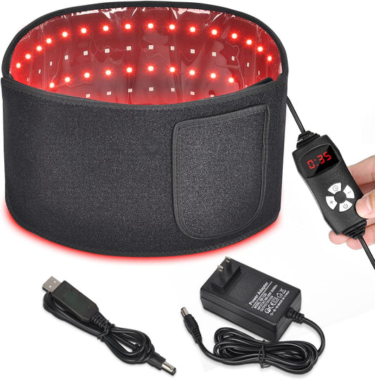 Urbanomax™ Red Light Therapy Belt in red fabric, designed for targeted light therapy treatment around the waist area.