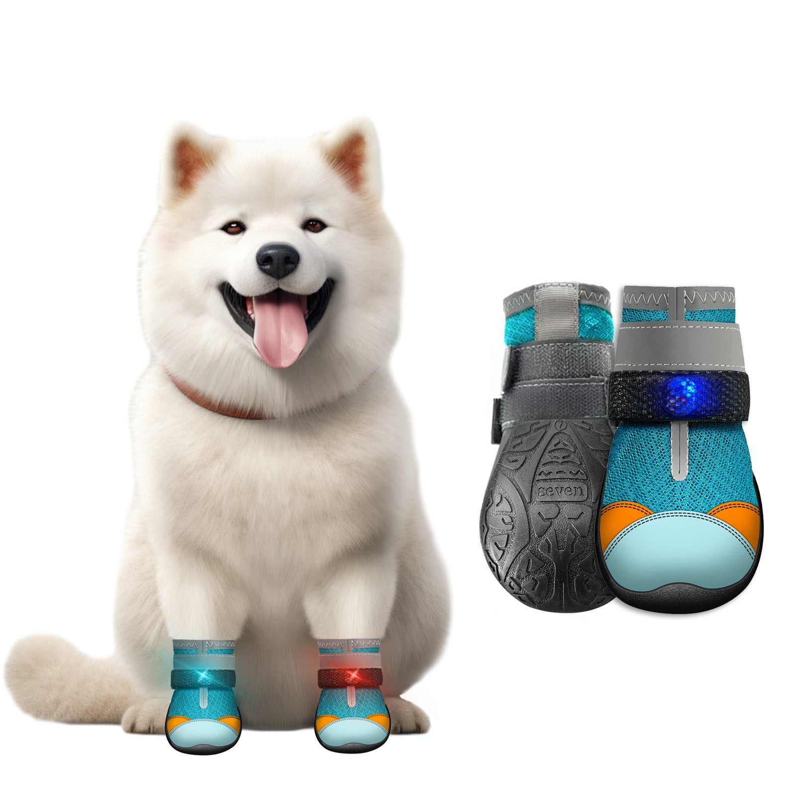 Colorful glowing Christmas dog shoes made from breathable material, designed for festive occasions and comfortable fit.