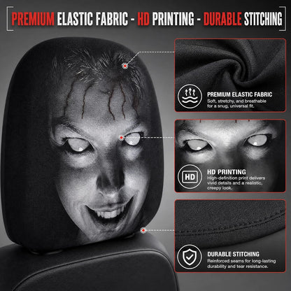 Urbanomax™ Horror headrest cover with black fabric and detailed horror-themed design, fits standard car headrests.