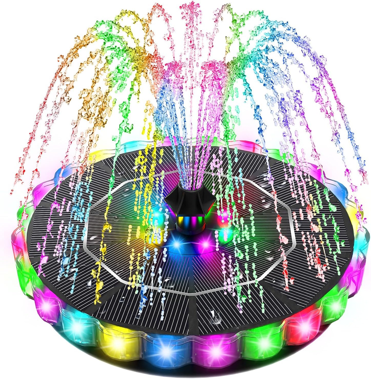 Colorful SolarGlow™ Pool Fountain Lightshow displaying vibrant water jets and LED lights in a backyard pool setting.