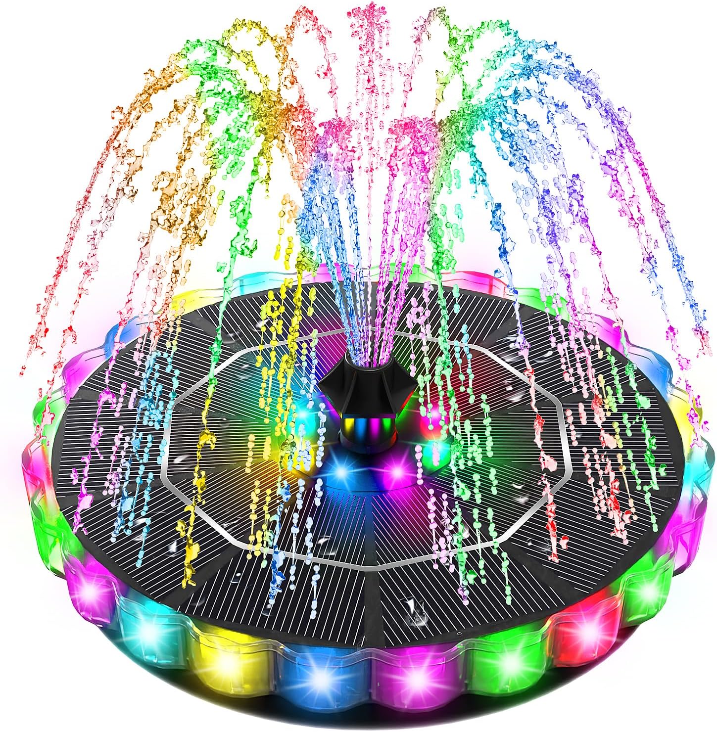 Colorful SolarGlow™ Pool Fountain Lightshow displaying vibrant water jets and LED lights in a backyard pool setting.