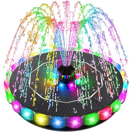 Colorful SolarGlow™ Pool Fountain Lightshow displaying vibrant water jets and LED lights in a backyard pool setting.