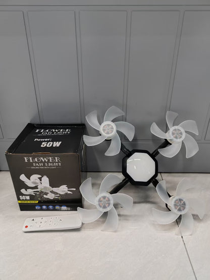 URBANOMAX remote control ceiling fan with integrated light, modern design, white finish, and four blades for home cooling.