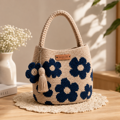 Handmade crocheted flower tote bag by URBANOMAX, featuring vibrant floral patterns and sturdy fabric handles.