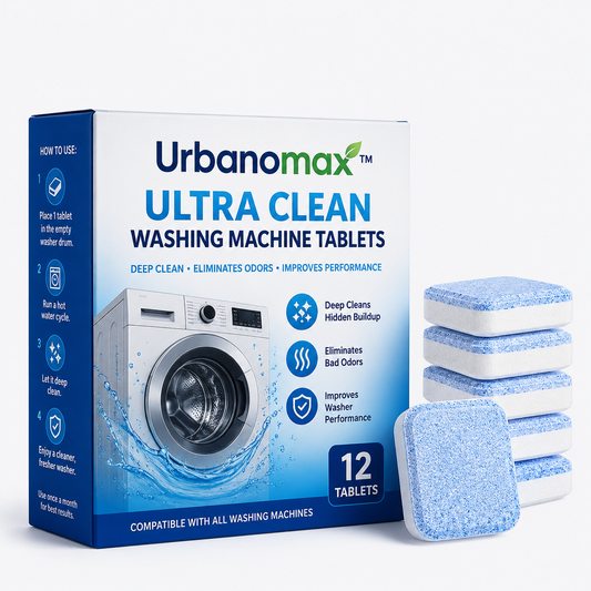 URBANOMAX Ultra Clean washing machine tablets shown in a clear container with several tablets ready for use.
