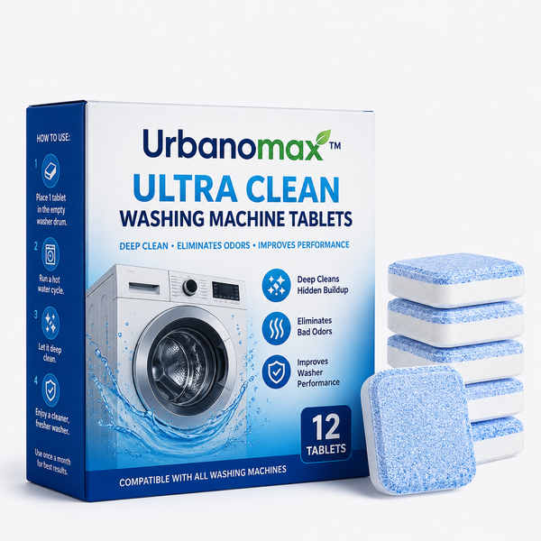 URBANOMAX Ultra Clean washing machine tablets shown in a clear container with several tablets ready for use.