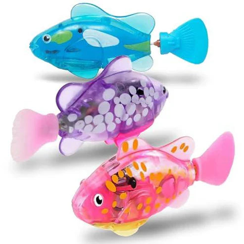 Colorful swimming fish toys with lights from URBANOMAX, four-piece set, featuring vibrant fish shapes and glowing features.