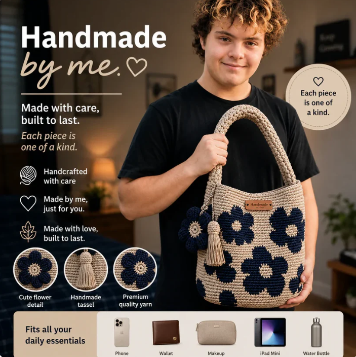 Handmade crocheted flower tote bag by URBANOMAX with colorful floral design and sturdy handles.