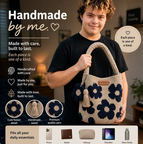Handmade crocheted flower tote bag by URBANOMAX with colorful floral design and sturdy handles.