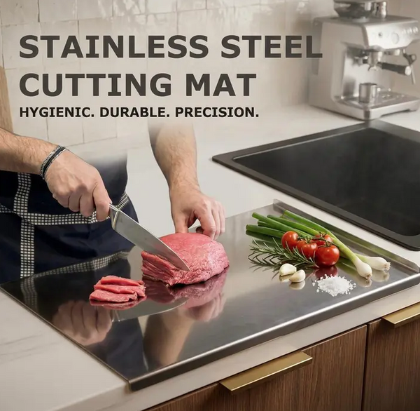 Stainless steel cutting boards by URBANOMAX, showing sleek, durable surfaces ideal for food preparation in a modern kitchen setting.