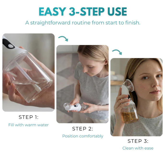 URBANOMAX™️ electric ear cleaning irrigator with nozzle and control buttons, designed for safe and effective ear hygiene.