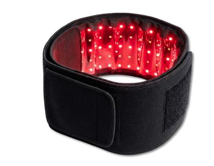 Urbanomax™ Red Light Therapy Belt shown in a close-up image, featuring adjustable straps and red LED lights for therapy use.