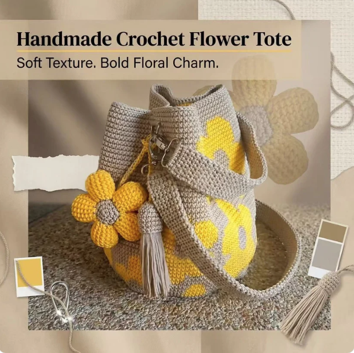 Handmade crocheted flower tote bag by URBANOMAX featuring colorful floral patterns and sturdy fabric handles.