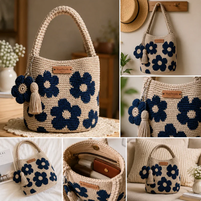 Handmade crocheted flower tote bag by URBANOMAX with colorful floral design and sturdy handles on a plain background.