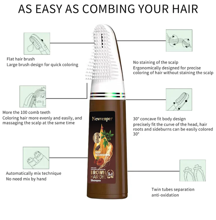 4-in-1 Hair Dye Hair Color Shampoo，Dark Brown 200 ML