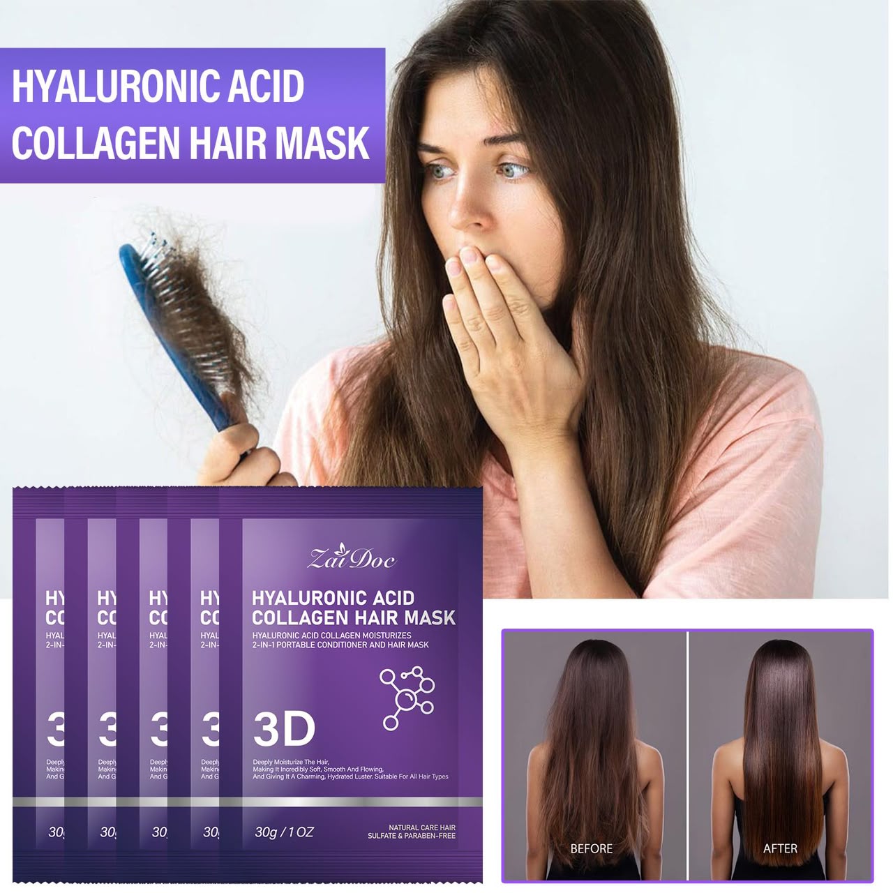 5Pcs-3D Hyaluronic Acid & Collagen Hair Mask 30g