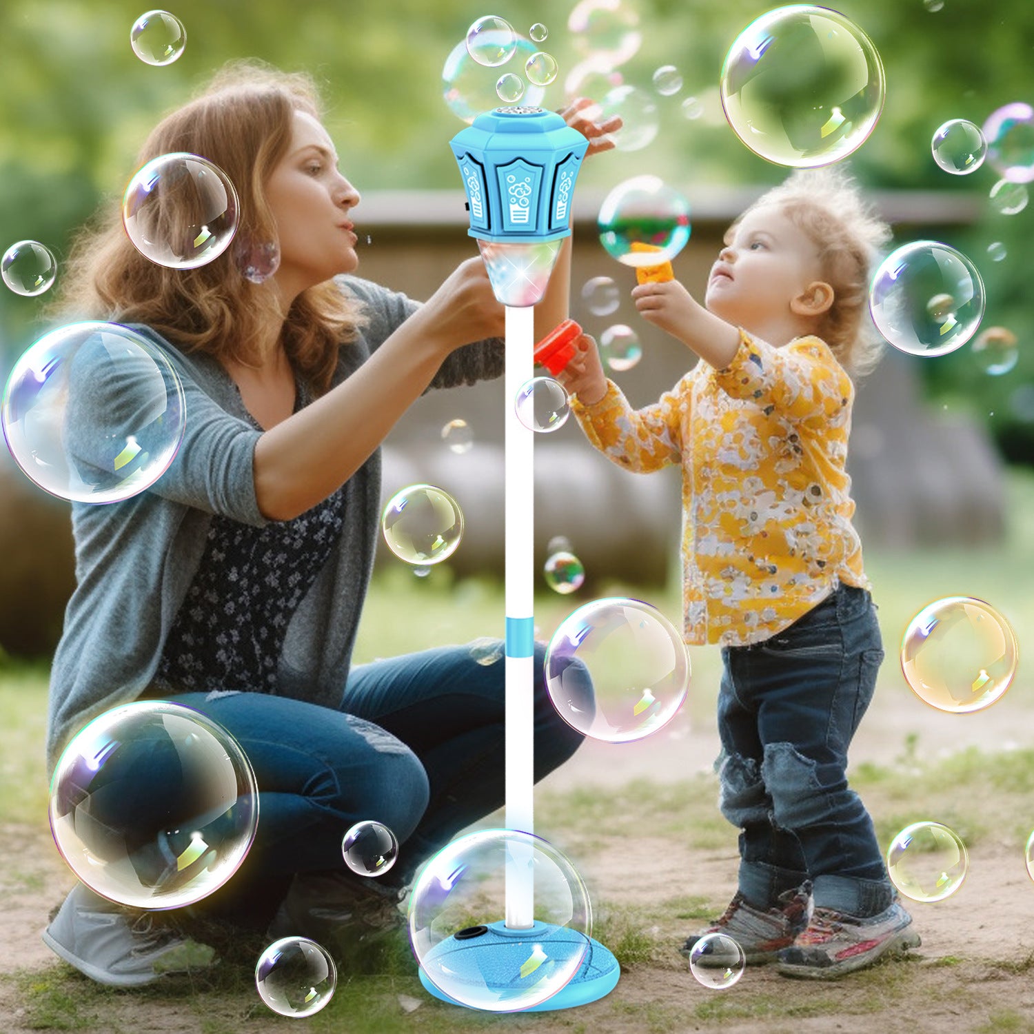 Christmas automatic bubble machine with lights and music, featuring colorful bubbles and festive holiday decorations.