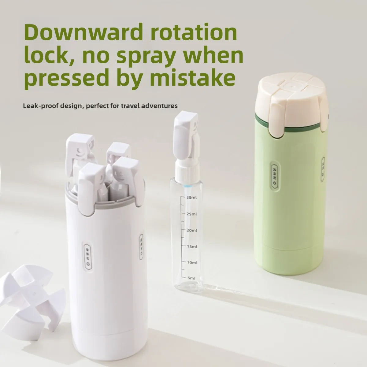 URBANOMAX 4-in-1 travel dispenser with four compartments for toiletries, compact and portable for convenient travel organization.