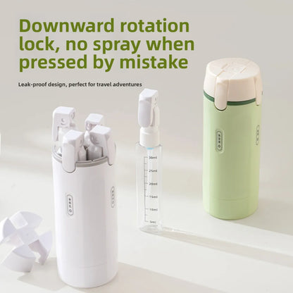 URBANOMAX 4-in-1 travel dispenser with four compartments for toiletries, compact and portable for convenient travel organization.