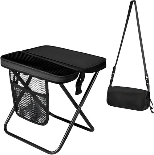 URBANOMAX portable chair folded inside a compact carrying bag, lightweight and convenient for outdoor seating.