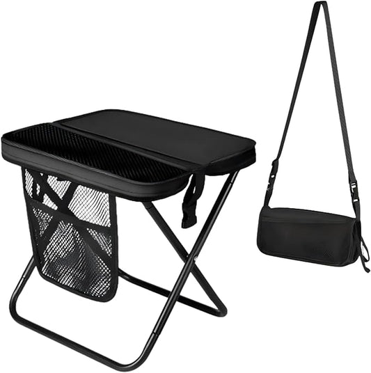 URBANOMAX portable chair folded inside a compact carrying bag, lightweight and convenient for outdoor seating.