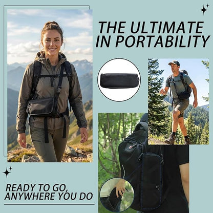 URBANOMAX portable chair folded inside a compact carrying bag, ideal for outdoor trips and camping.