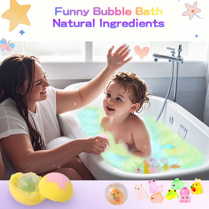Children's Christmas bubble bath ball with luminous toy, featuring festive holiday design and colorful bubbles for bath fun.