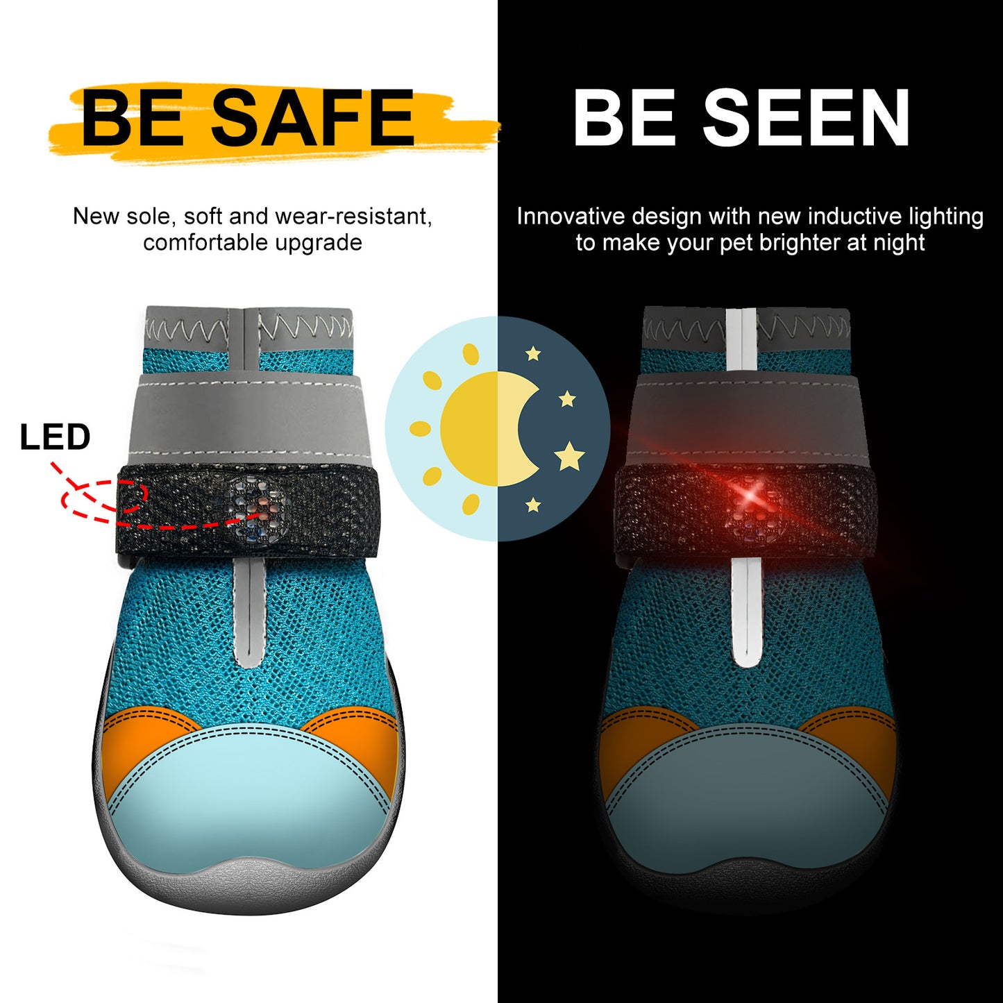 Colorful glowing Christmas dog shoes with breathable fabric, designed for festive pet comfort and style.
