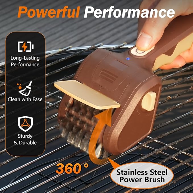 URBANOMAX electric grill brush with stainless steel bristles for easy cleaning of barbecue grates.