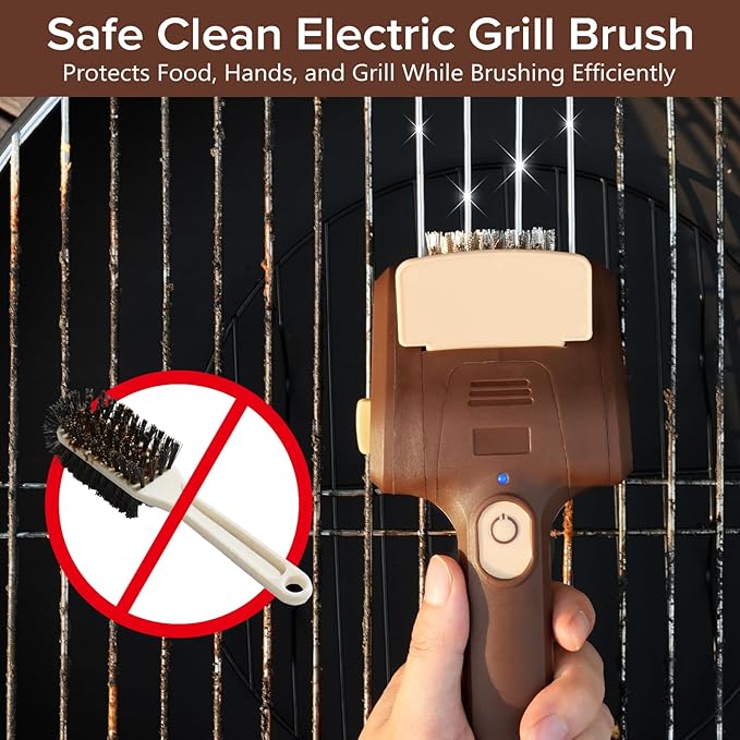 URBANOMAX electric grill brush with stainless steel bristles and ergonomic handle for easy cleaning of barbecue grills.