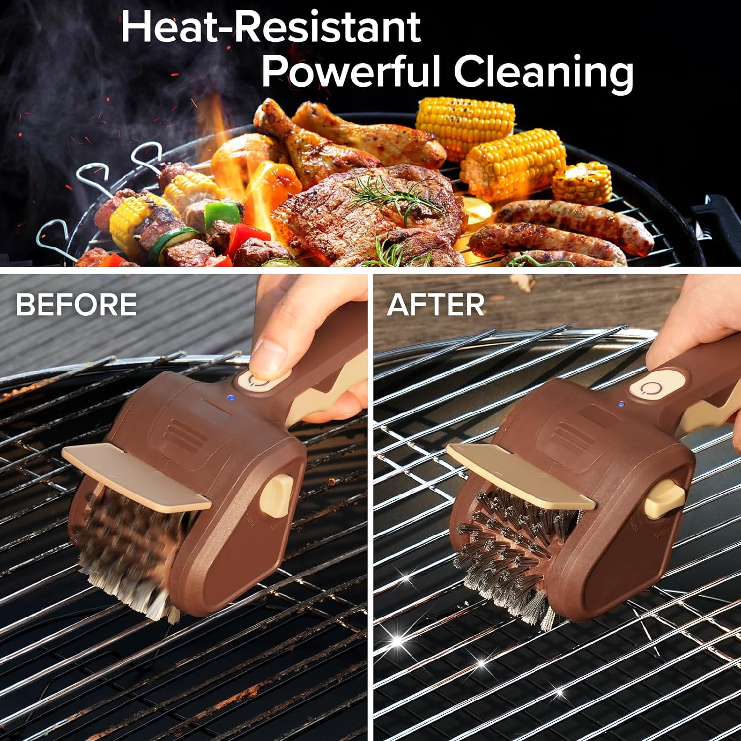 URBANOMAX electric grill brush with stainless steel bristles for easy cleaning of barbecue grills.