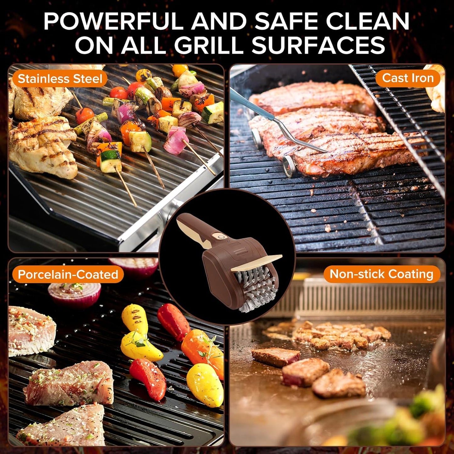 URBANOMAX electric grill brush with sturdy bristles and ergonomic handle for easy cleaning of barbecue grills.