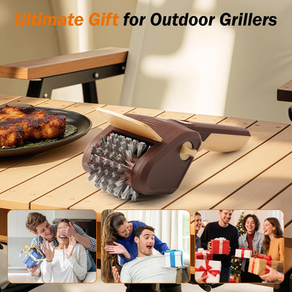 URBANOMAX electric grill brush with a sturdy handle and metal bristles for effective cleaning of barbecue grates.