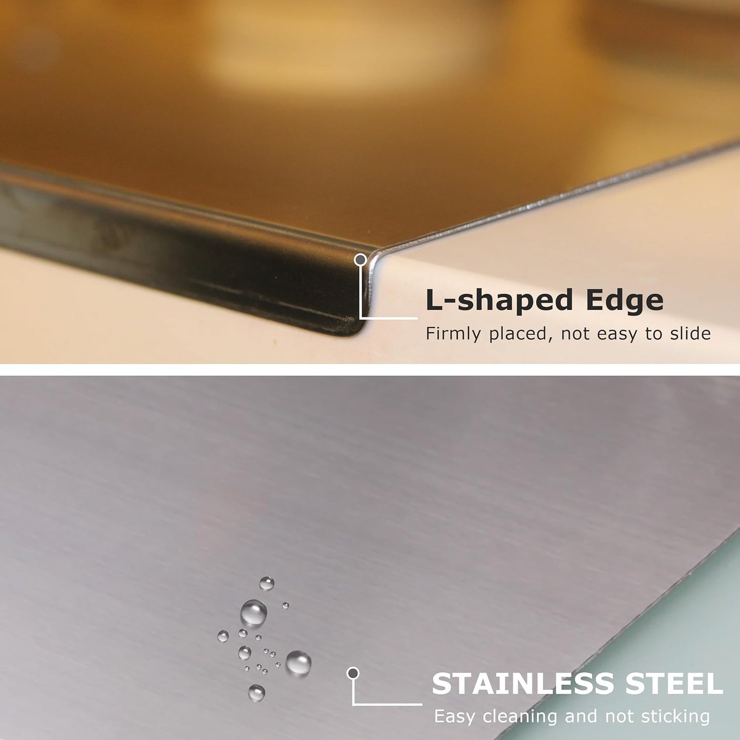 Urbanomax stainless steel cutting board with a sleek, durable surface ideal for food prep and kitchen use.