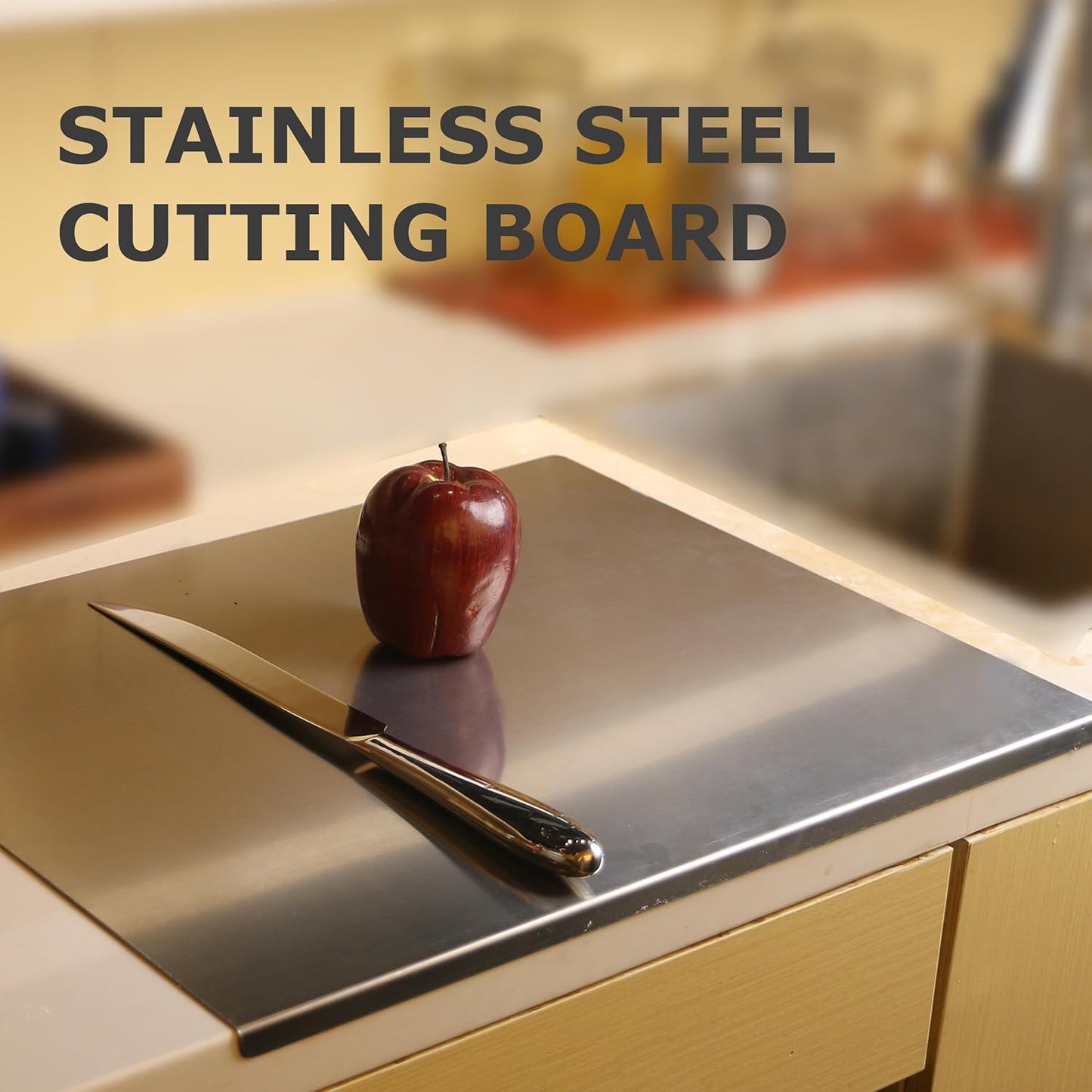 Urbanomax stainless steel cutting board with a sleek, polished surface ideal for food prep and durable kitchen use.