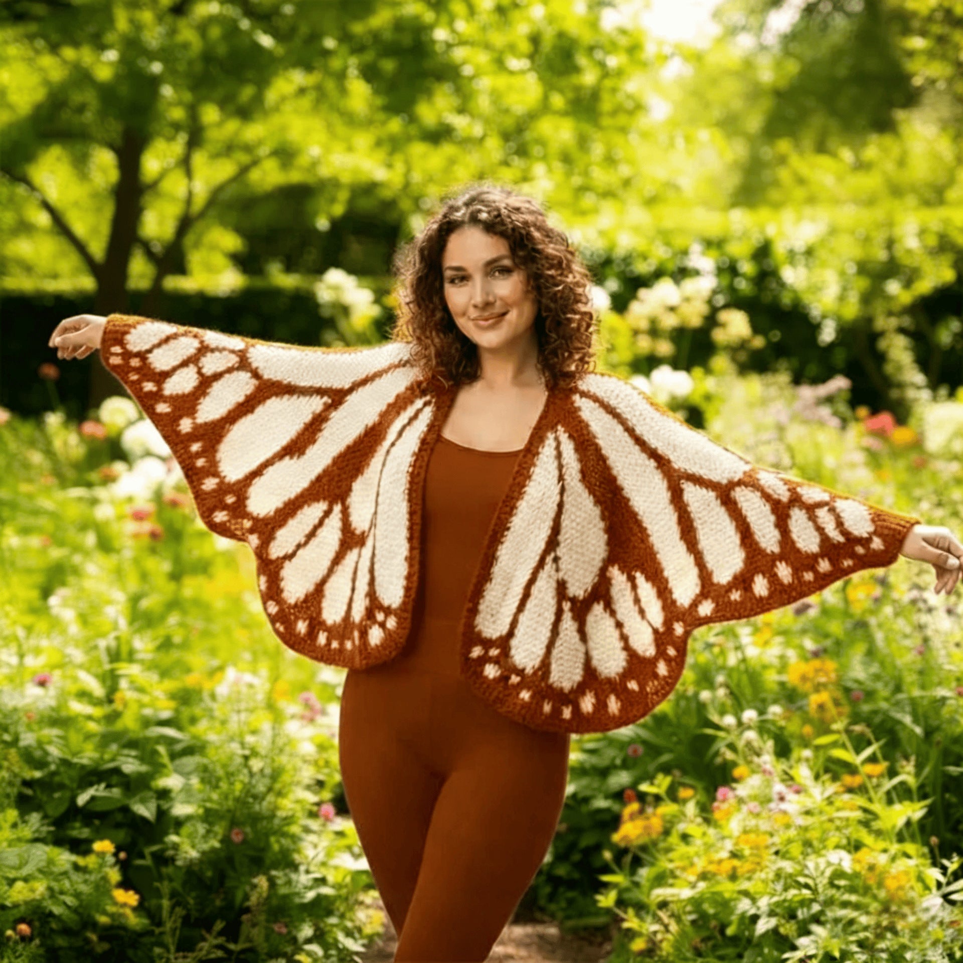Christmas Monarch Butterfly Knit Cardigan featuring colorful butterfly patterns, perfect for holiday cozy wear.