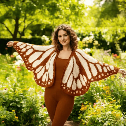 Christmas Monarch Butterfly Knit Cardigan featuring colorful butterfly patterns, perfect for holiday cozy wear.