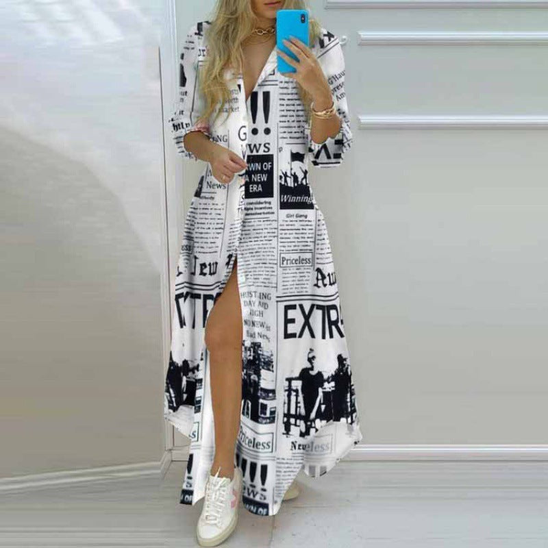 Printed single-breasted slit shirt dress for Christmas by CHRISTMAS, featuring festive patterns and a stylish, tailored fit.